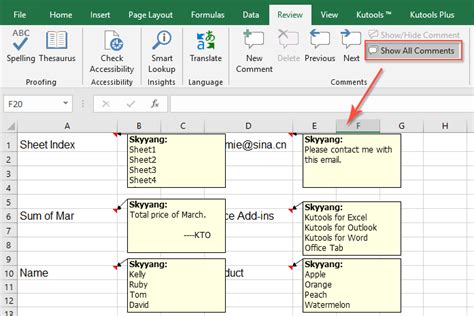 excel show comments next to cell