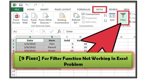 excel sort and filter function not working