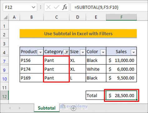 excel subtotal formula filter