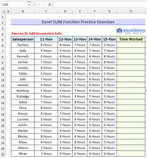 excel sum function practice exercises