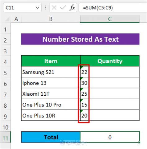 excel sum not working 0