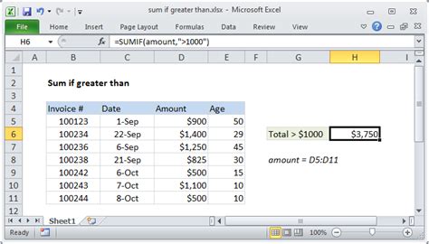 excel sumif greater than formula