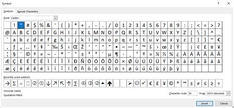 excel symbol codes list
