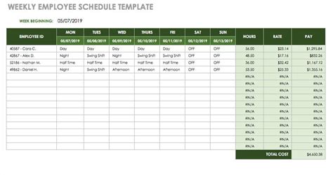 excel table for working hours