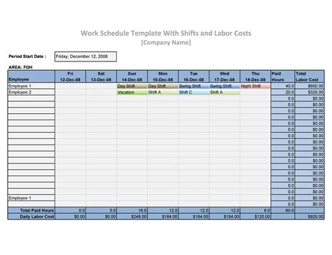 excel template for work schedule