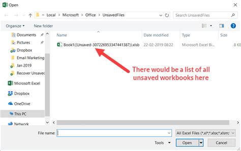 excel unsaved file location