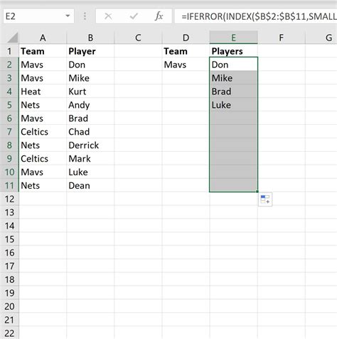 excel use index and match to return multiple values vertically