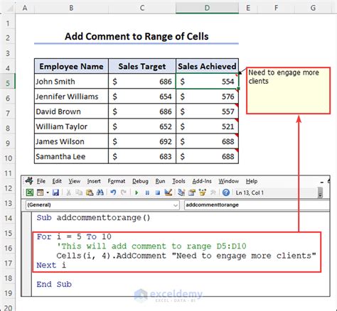 excel vba add comment to cell multiple lines