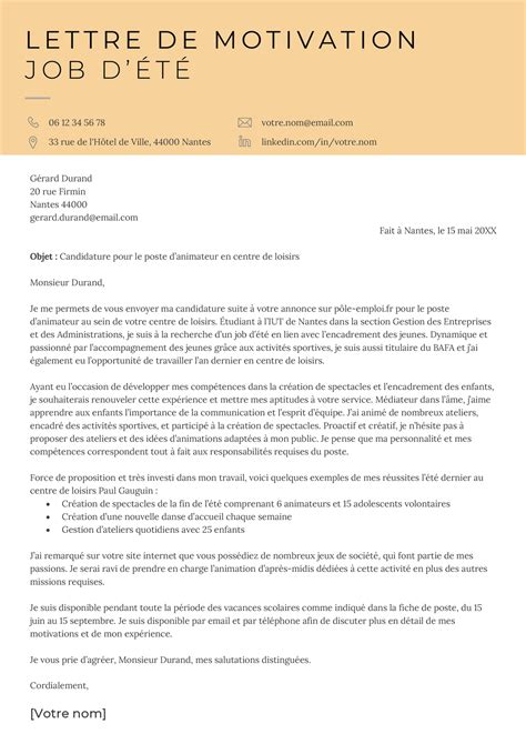 exemple de lettre de motivation pour travailler l'été