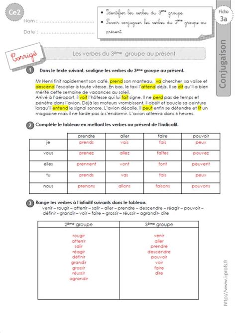 exercice ce2 conjugaison present 3eme groupe