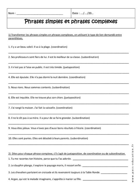 exercice francais phrase simple complexe