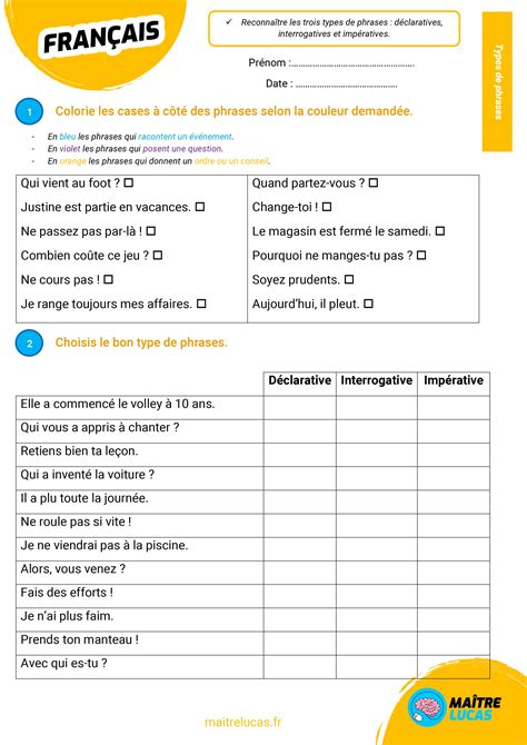 exercice type de phrase pdf
