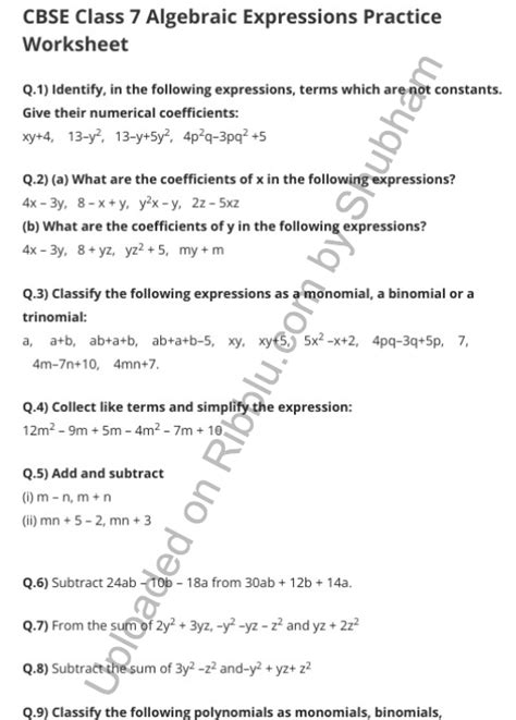 exercise 10.2 algebraic expressions class 7