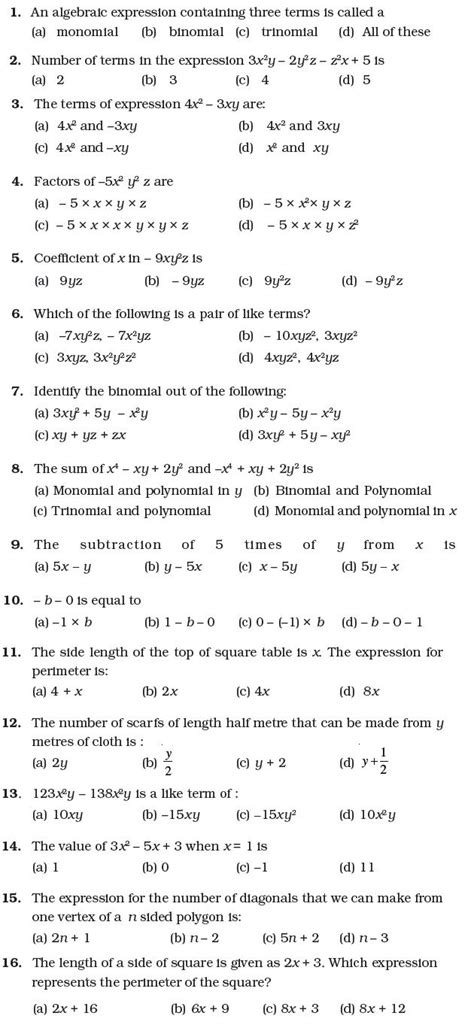 exercise 10.2 class 7 algebraic expressions with answers