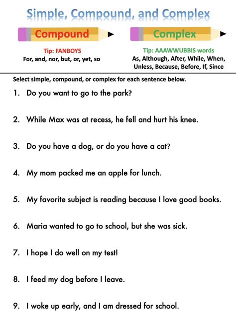 exercise for simple compound and complex sentences