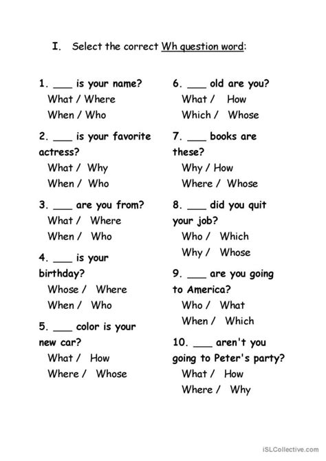 exercise on wh question words