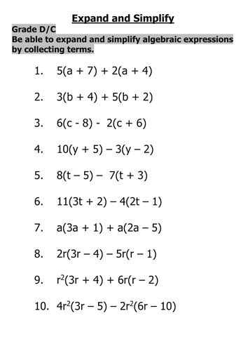 expand and simplify algebraic expressions grade 10