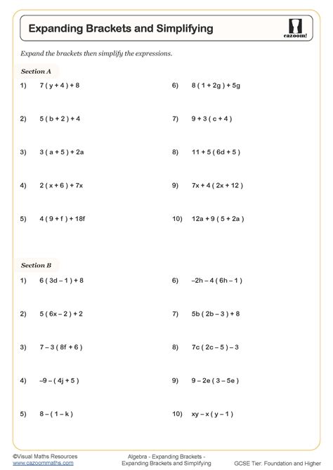 expand and simplify algebraic expressions worksheet pdf
