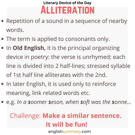 explain poetic device alliteration with examples