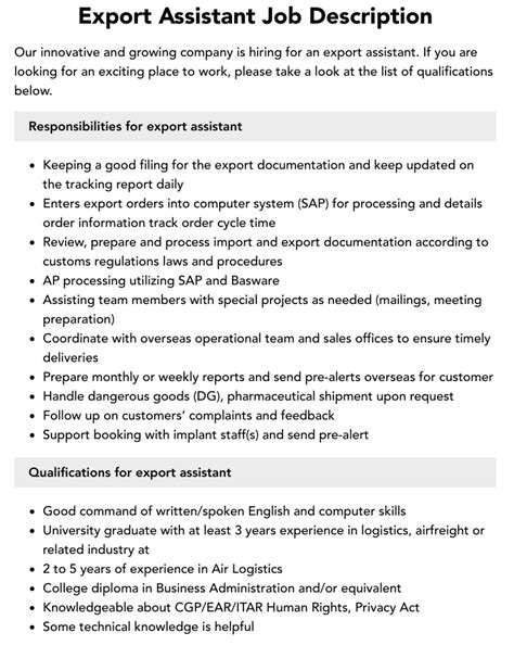 export documentation assistant job description