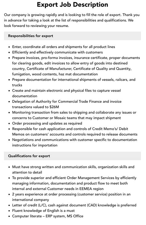 export documentation job description in india