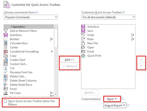 export excel toolbar settings