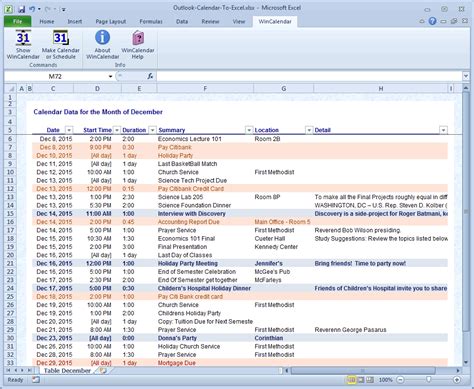 export outlook calendar list to excel