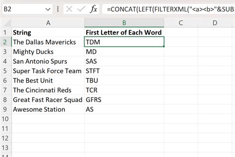 extract first letter in excel formula