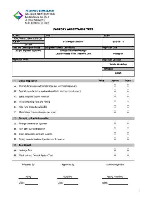 factory acceptance test procedure sample