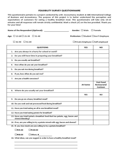 feasibility questionnaire example