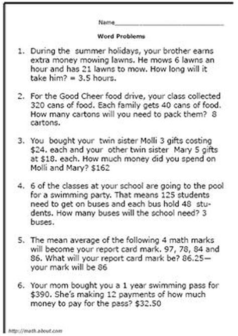 fifth grade math problems with answers
