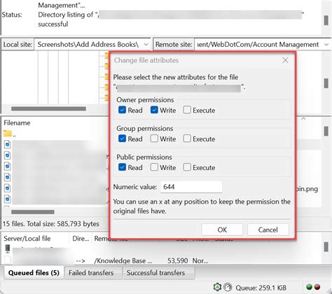 filezilla change permissions