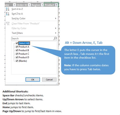 filter drop down list excel shortcut