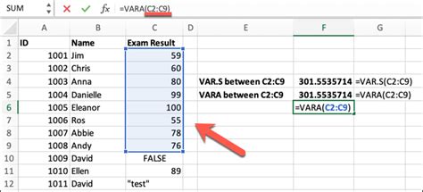 find variance in excel