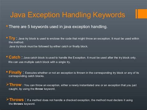 five keywords of exception handling in java