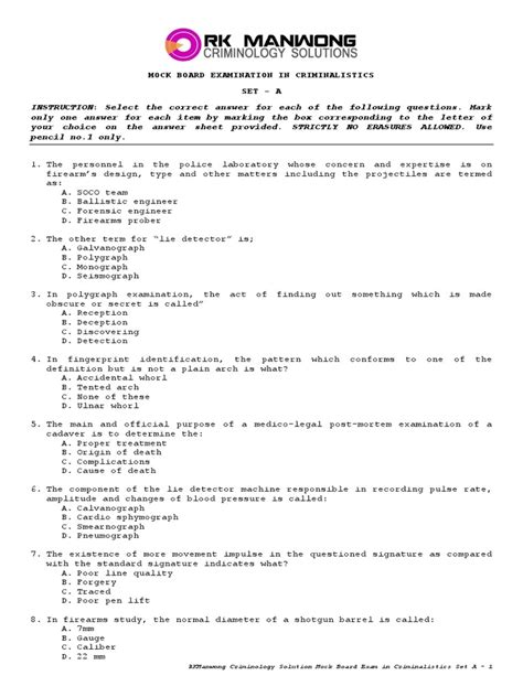 forensic science mock board exam questions and answers 2024