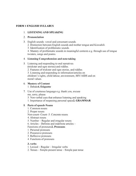 form 1 syllabus