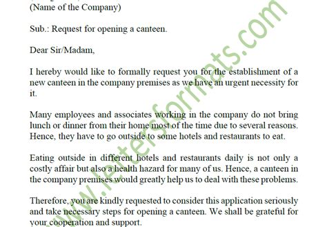 formal letter email request for setting up a canteen