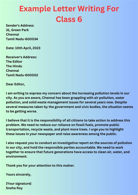 formal letter writing template for class 6