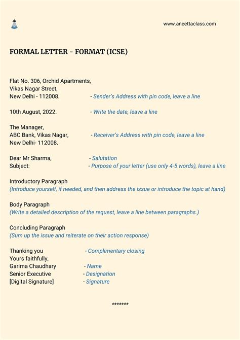 format of formal letter icse class 9