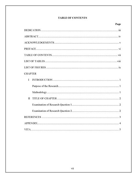 format of table of contents in research