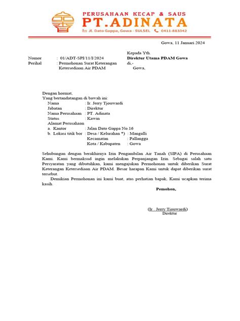 format surat permohonan PDAM