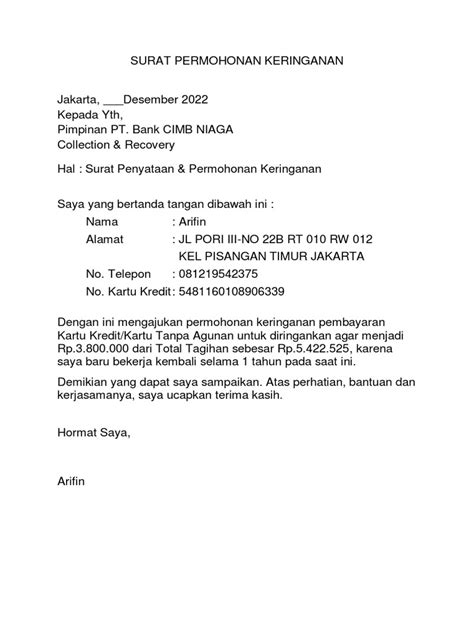 format surat permohonan keringanan
