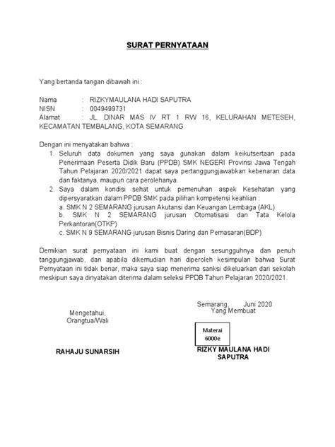 Format Surat Pernyataan PPDB
