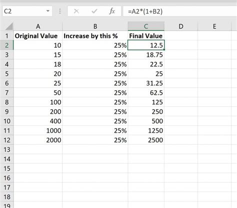 formula for 10 increase in excel