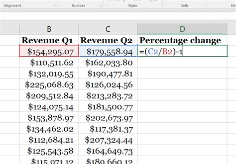 formula for calculating percentage change in excel