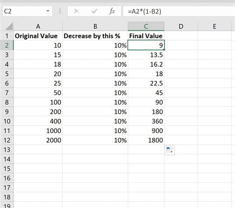 formula for increase or decrease in excel