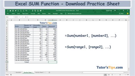 formula for sum in excel sheet