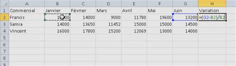 formule taux variation excel