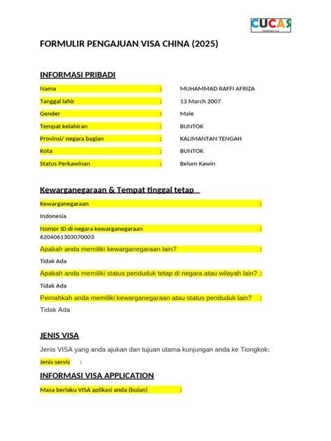 formulir visa china